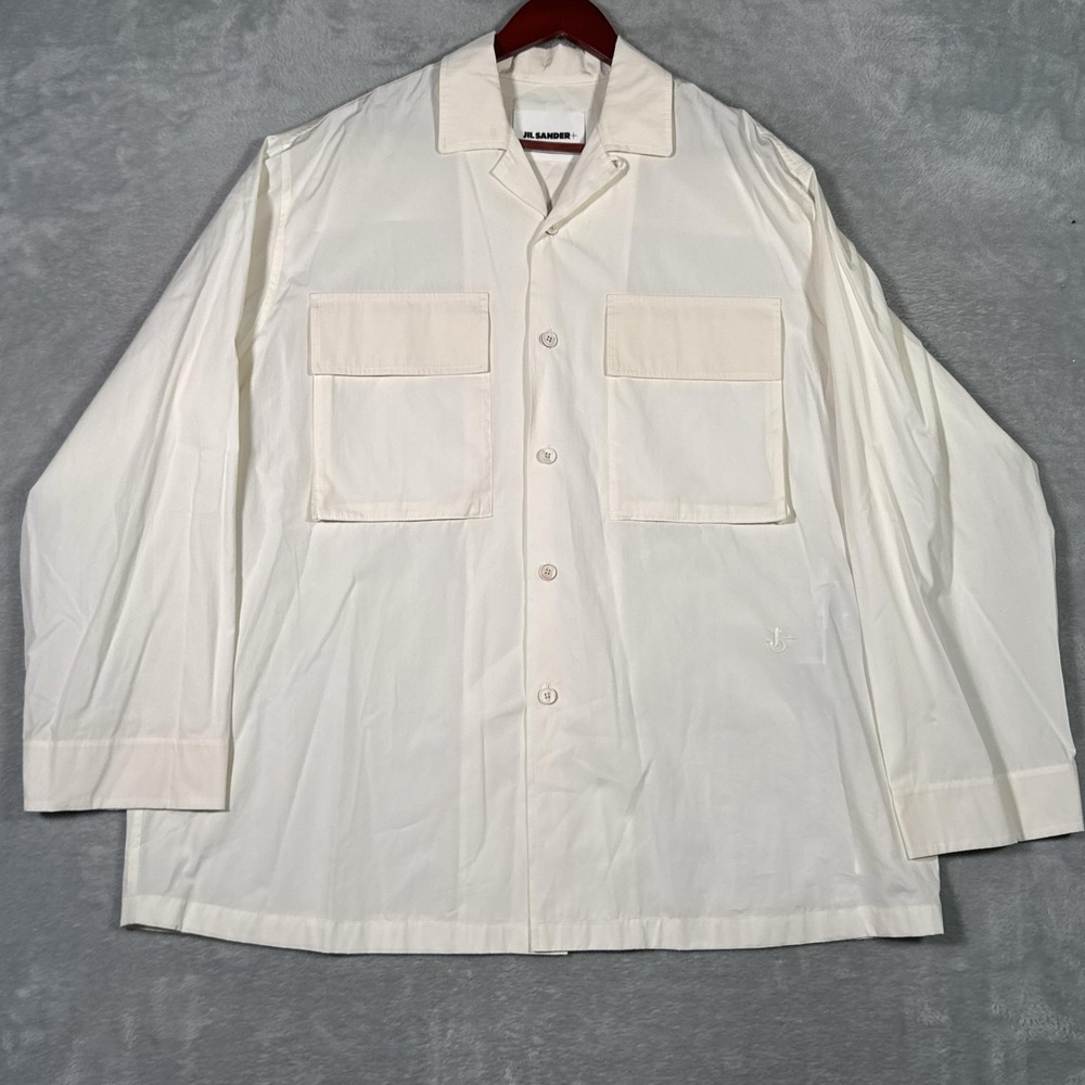 Jil Sander Shirt Mens 50 White Glass Finished Poplin Utility Work Overshirt